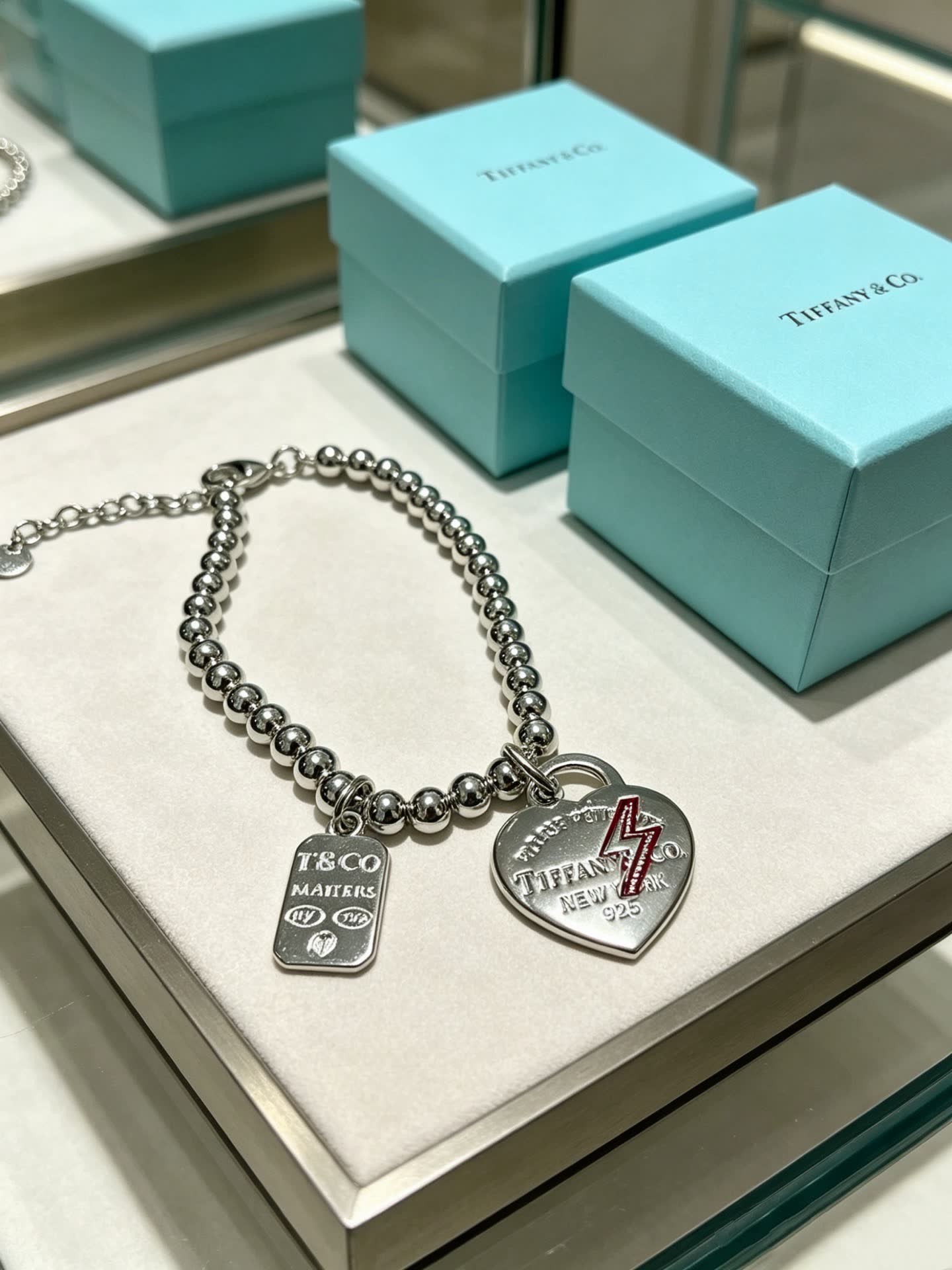 Tiffany & Co Silver Beaded Bracelet with Heart Charm